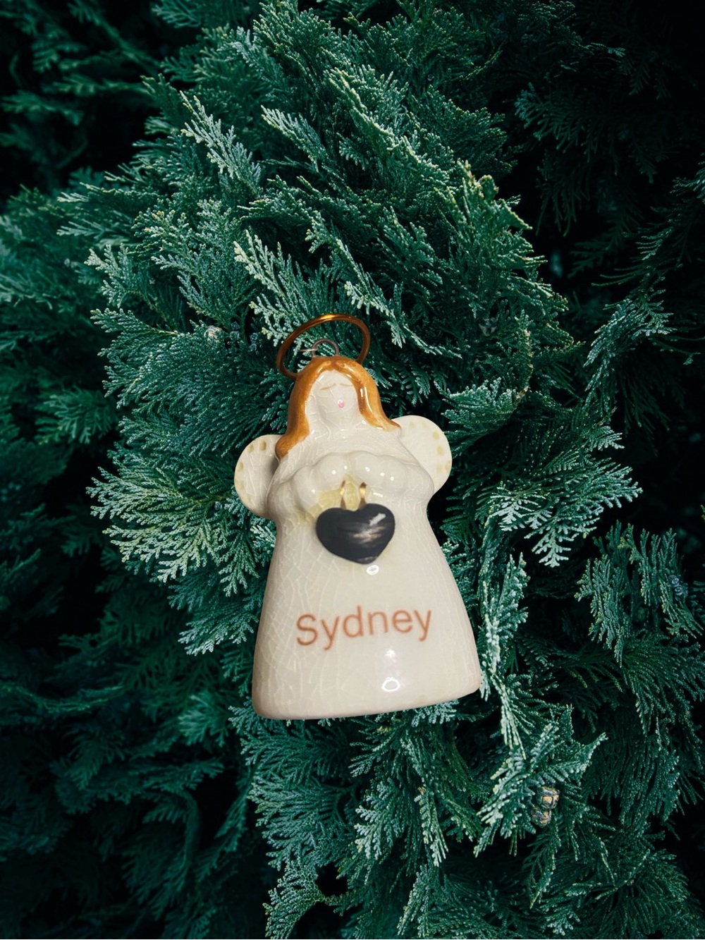 Personalized Ceramic Angel Ornament with Black Heart - Sydney